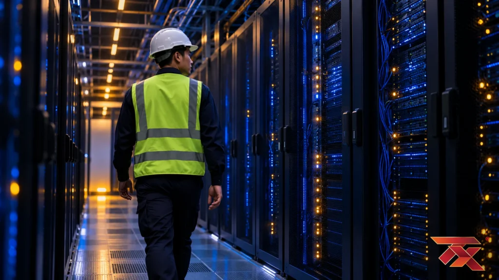 A technician in a hi-vis vest walks a server aisle in a Johor data centre