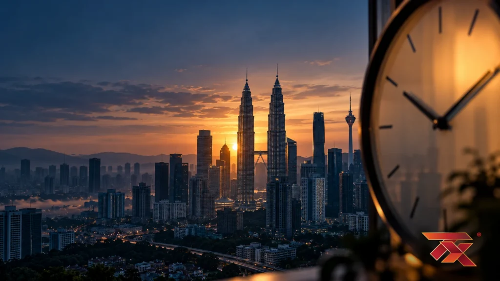Kuala Lumpur skyline at dawn with a clock face