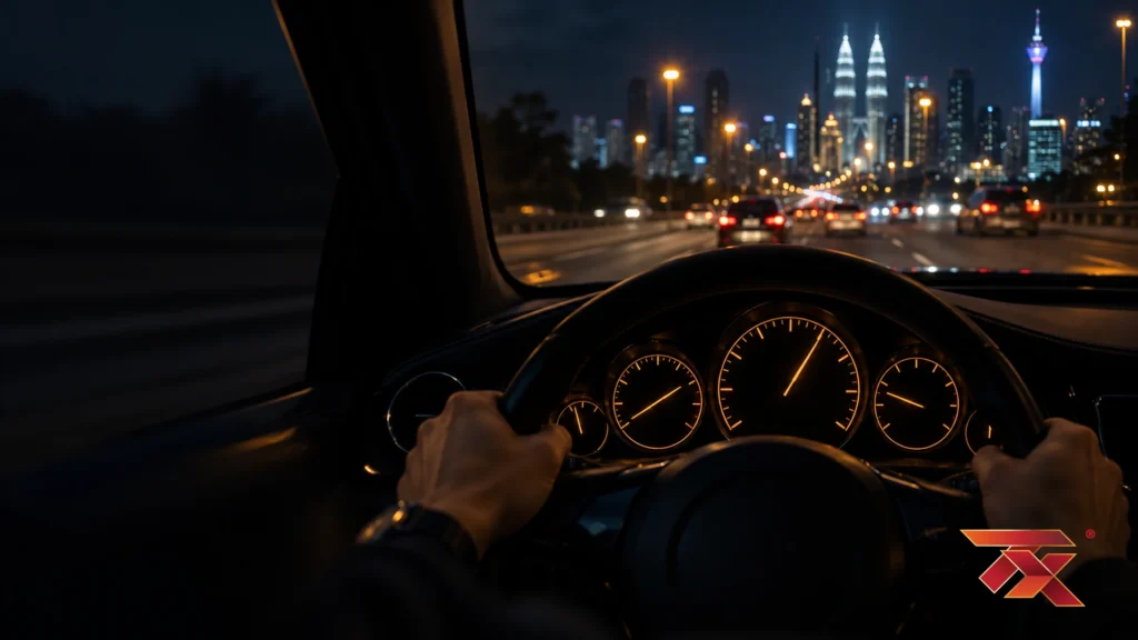 A car dashboard crowded with glowing gauges at night
