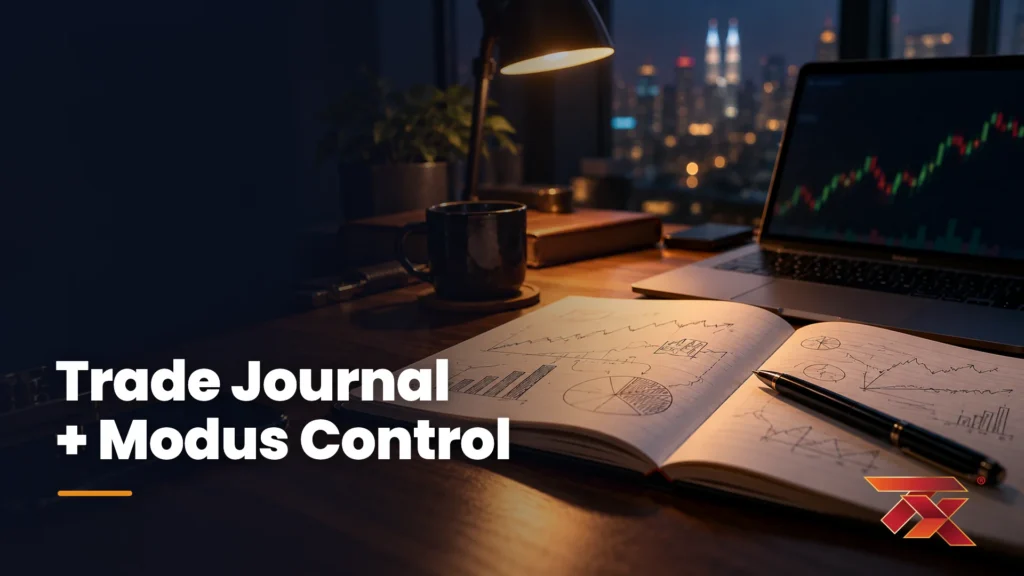 An open trading journal beside a laptop chart