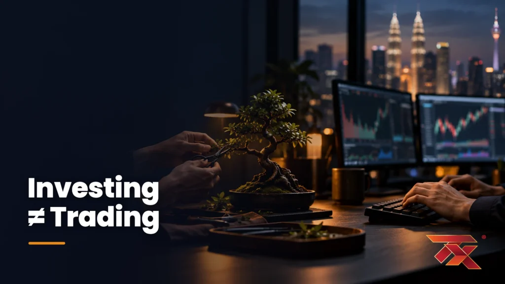 Hands pruning a bonsai beside hands on a trading keyboard