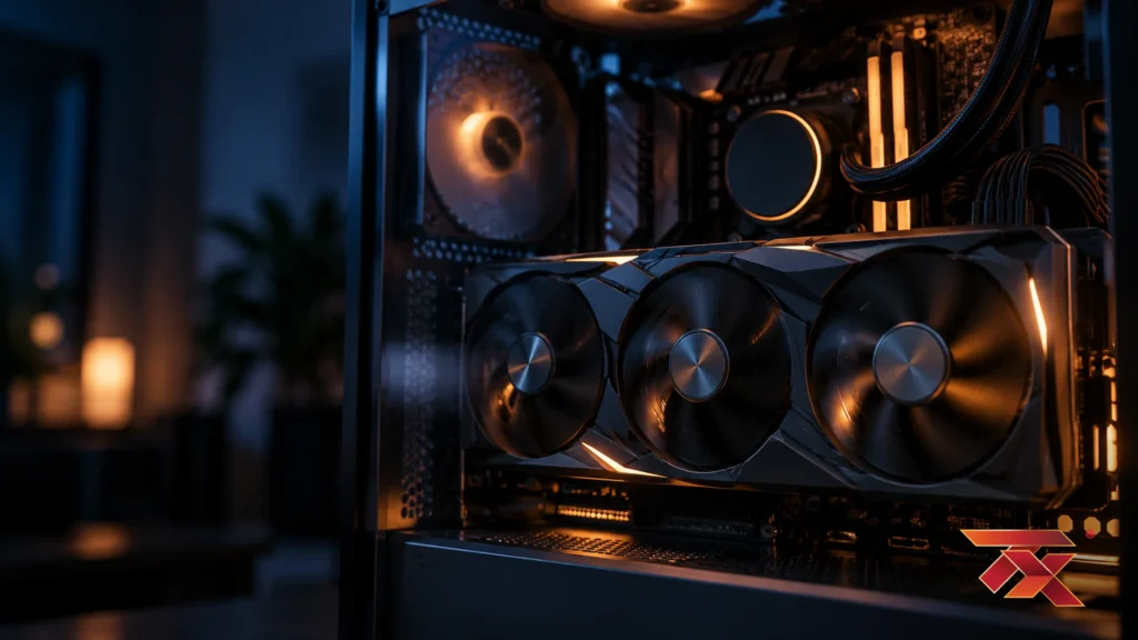 A graphics card inside a glass PC case