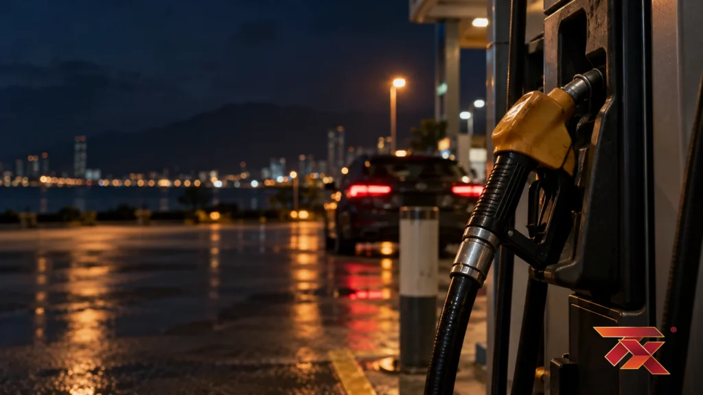 A petrol nozzle at a Penang station at night