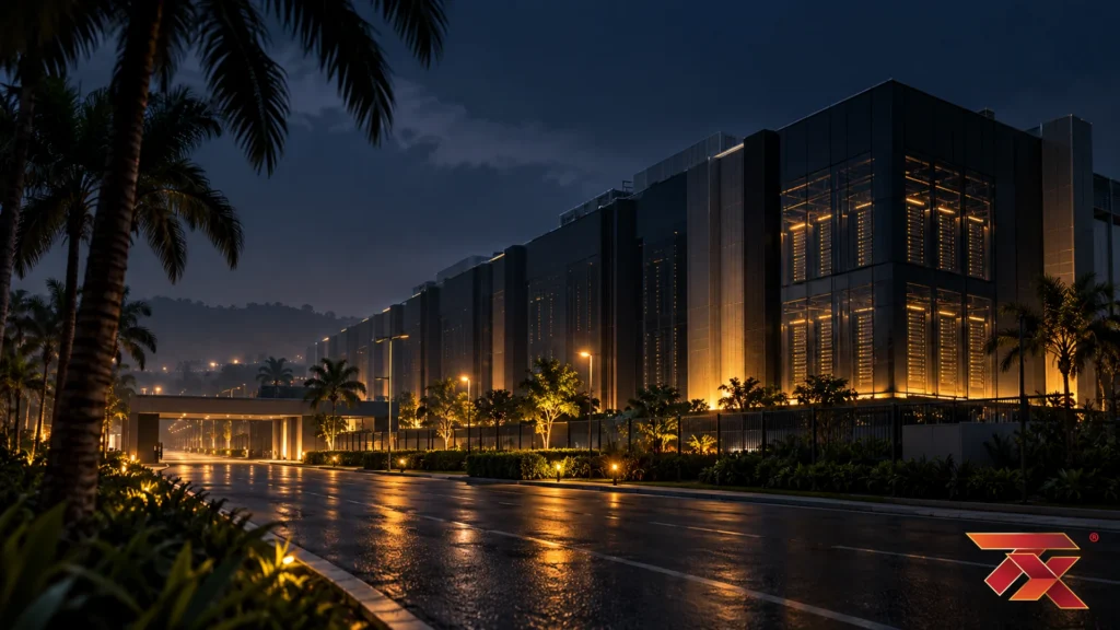 A data centre campus in Johor at night with amber lights and palm trees