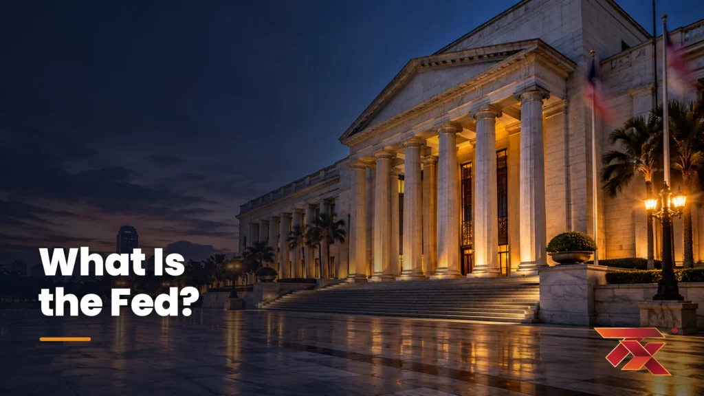 A neoclassical central bank building at dusk