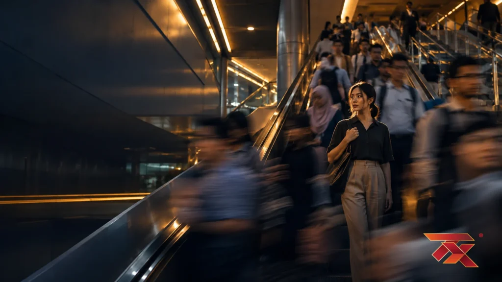Rush-hour commuters blurred on a KL station escalator